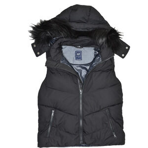 GAP Women's Black Long Puffer Vest Faux Fur Hood Trim Size M PrimaLoft New no ta